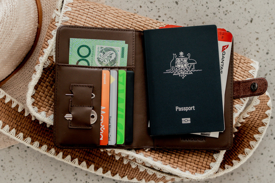 Kompact Wanderer Dark Brown in open position with travel items